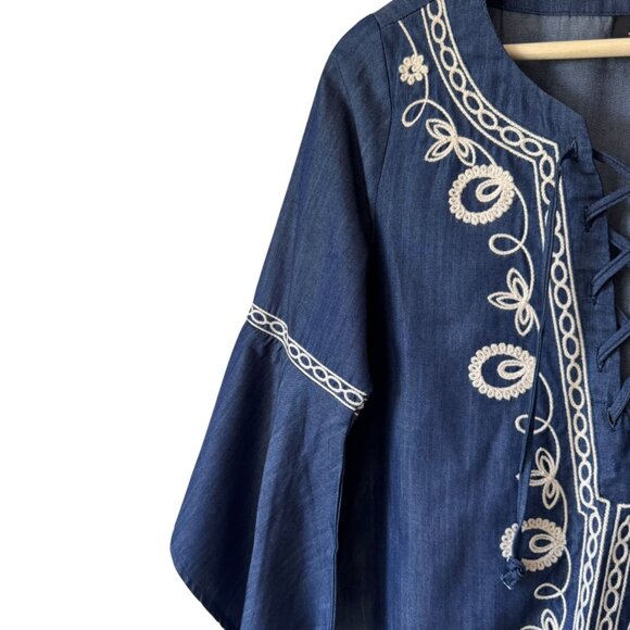 Shyanne Sm Top Tunic Boho Western Festival 3/4 Sleeve Lace Up V Neck Embroidered - Picture 12 of 16